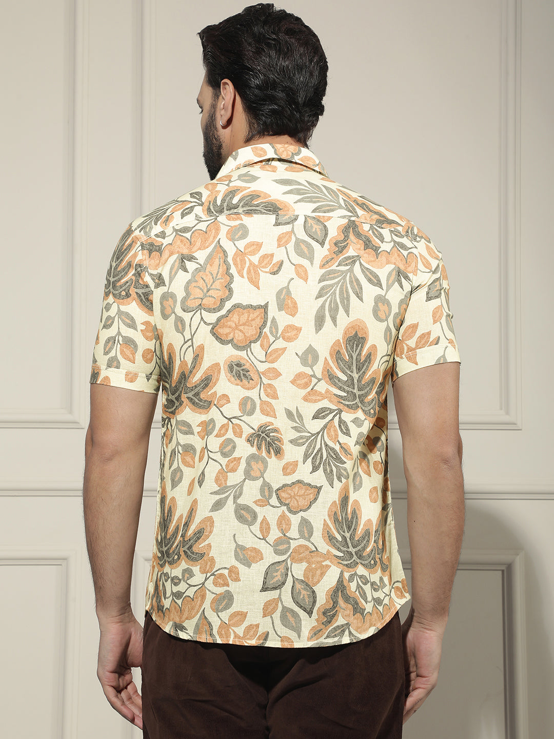 Orange Floral Print Linen Shirt-Men Shirts-Crimsoune Club