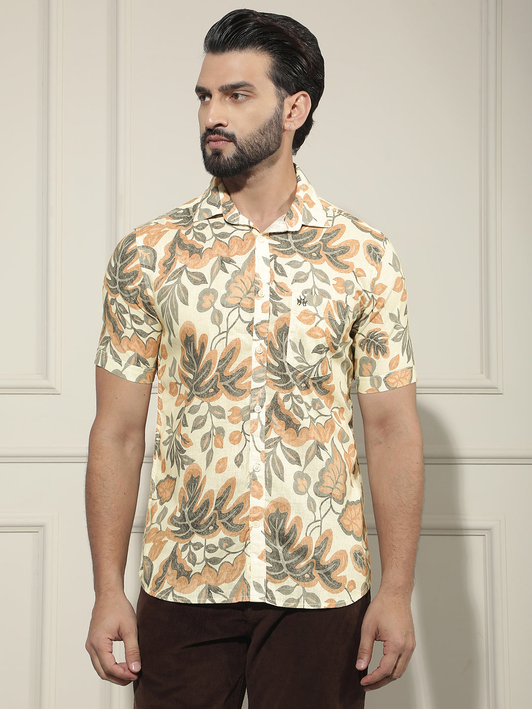 Orange Floral Print Linen Shirt-Men Shirts-Crimsoune Club