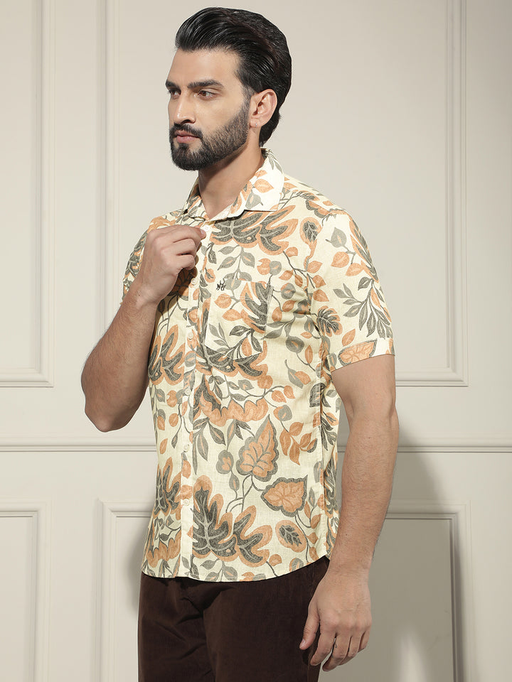 Orange Floral Print Linen Shirt-Men Shirts-Crimsoune Club