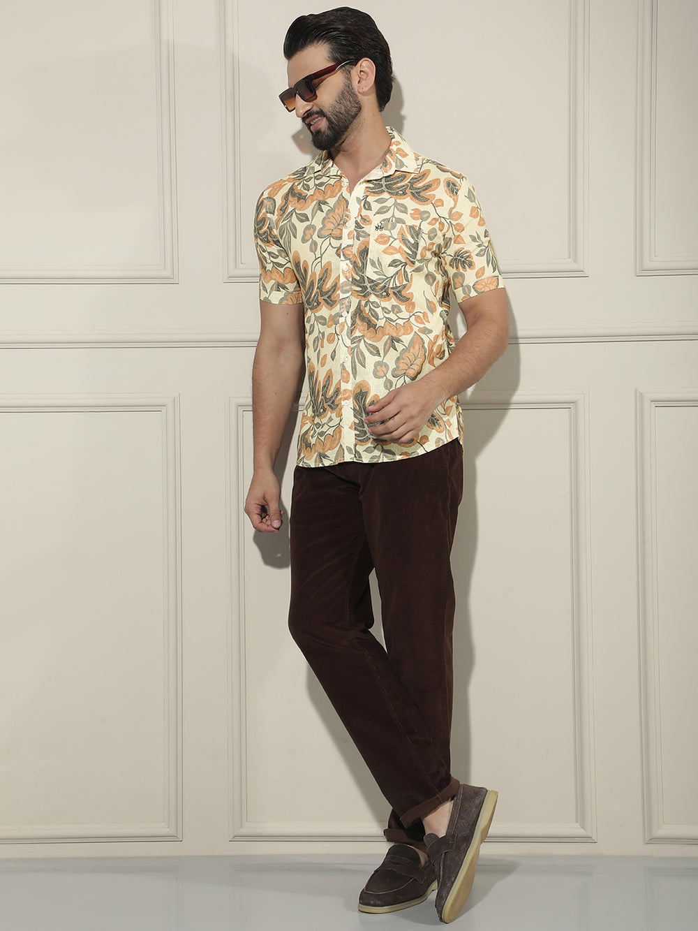 Orange Floral Print Linen Shirt-Men Shirts-Crimsoune Club