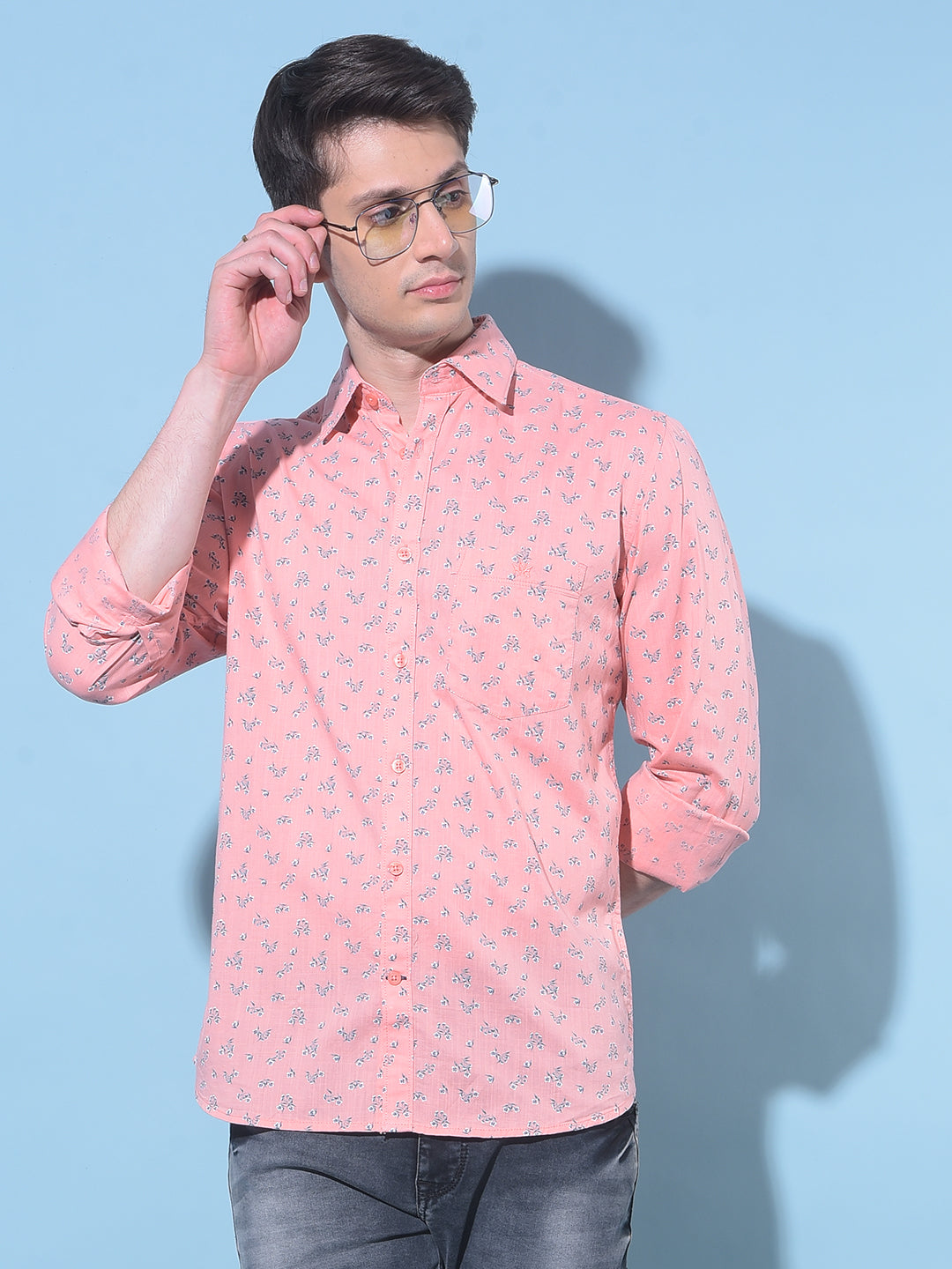 Peach Floral Printed 100% Cotton Shirt-Men Shirts-Crimsoune Club