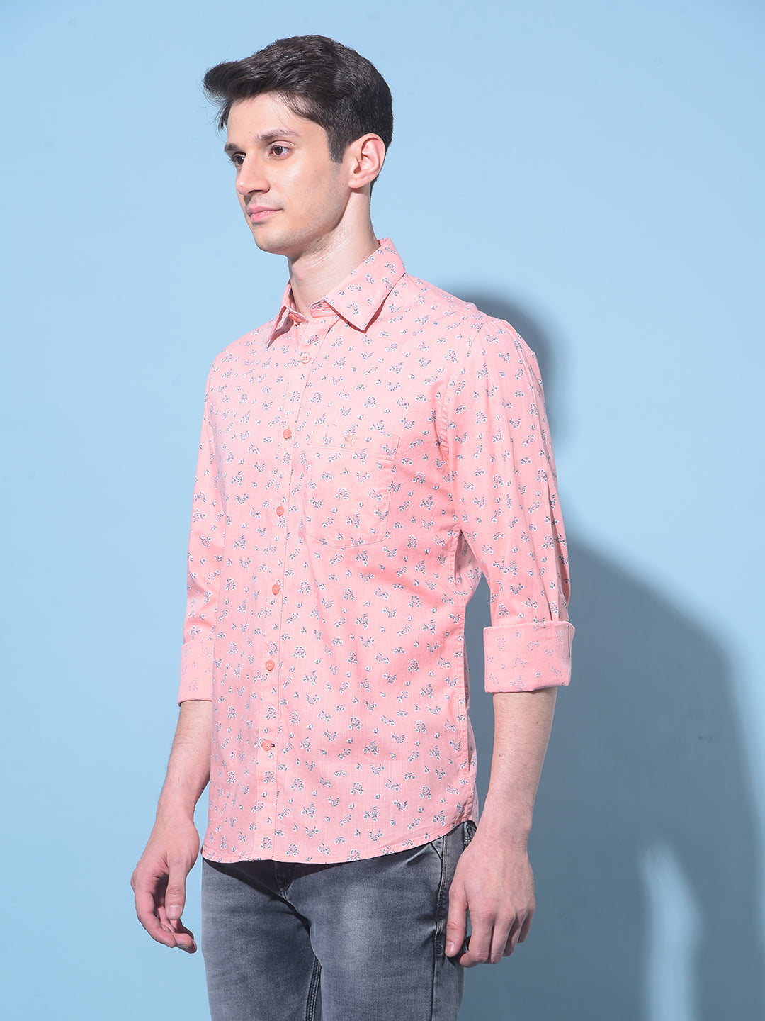 Peach Floral Printed 100% Cotton Shirt-Men Shirts-Crimsoune Club