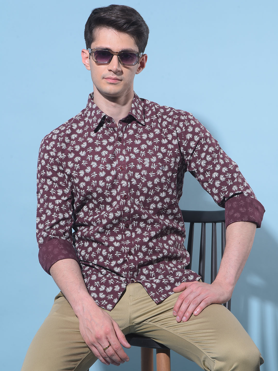 Wine Floral Printed 100% Cotton Shirt-Men Shirts-Crimsoune Club