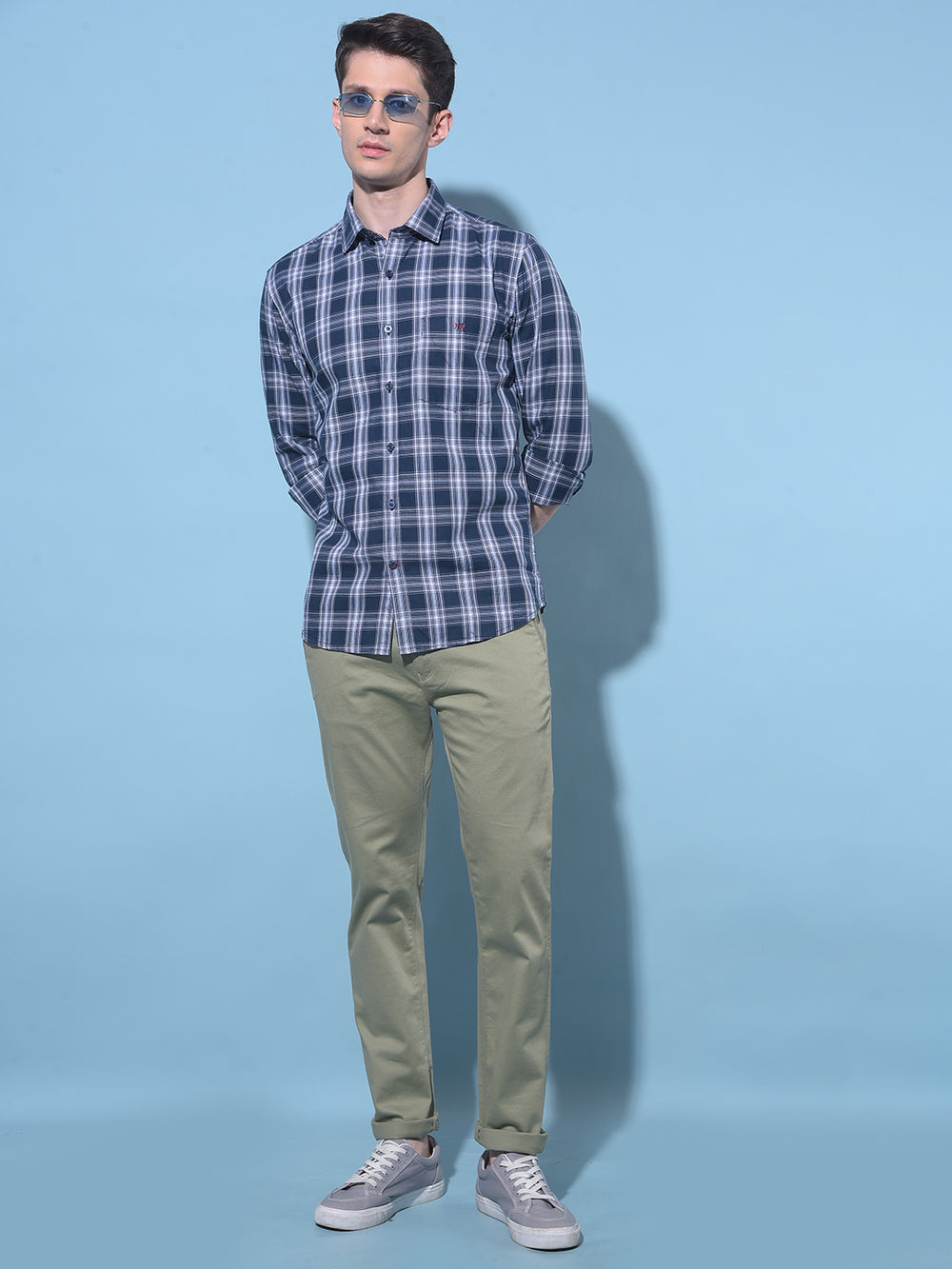 Navy Blue Tartan Check 100% Cotton Shirt-Men Shirts-Crimsoune Club