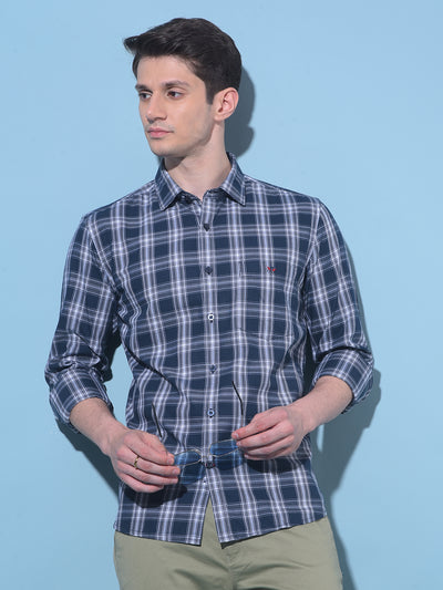 Navy Blue Tartan Check 100% Cotton Shirt-Men Shirts-Crimsoune Club