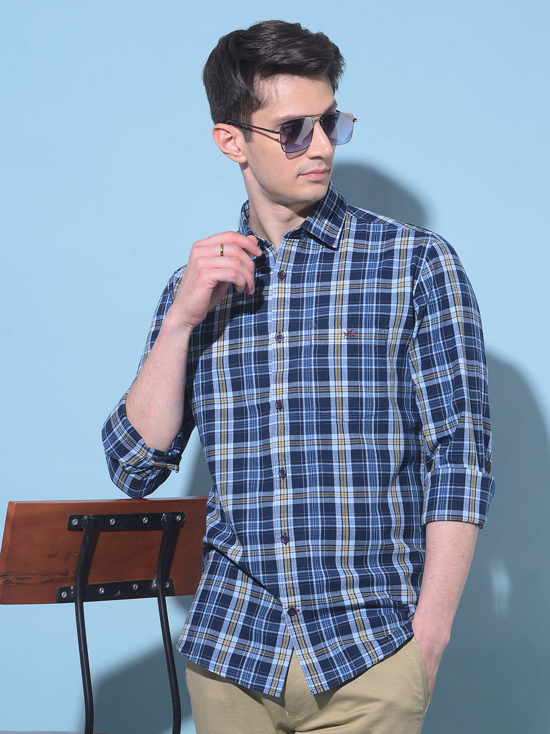 Navy Blue Tartan Check 100% Cotton Shirt-Men Shirts-Crimsoune Club