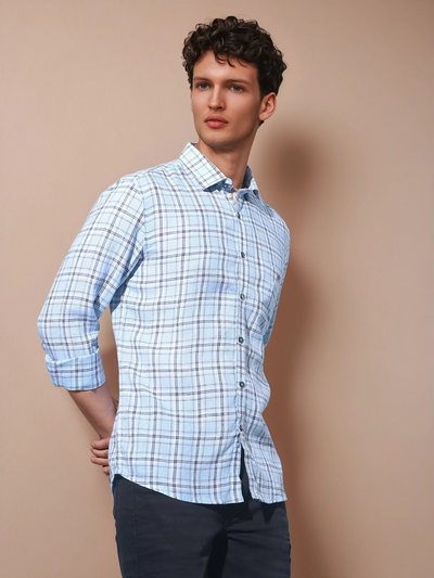 Blue Tartan Check Linen Shirt-Men Shirts-Crimsoune Club