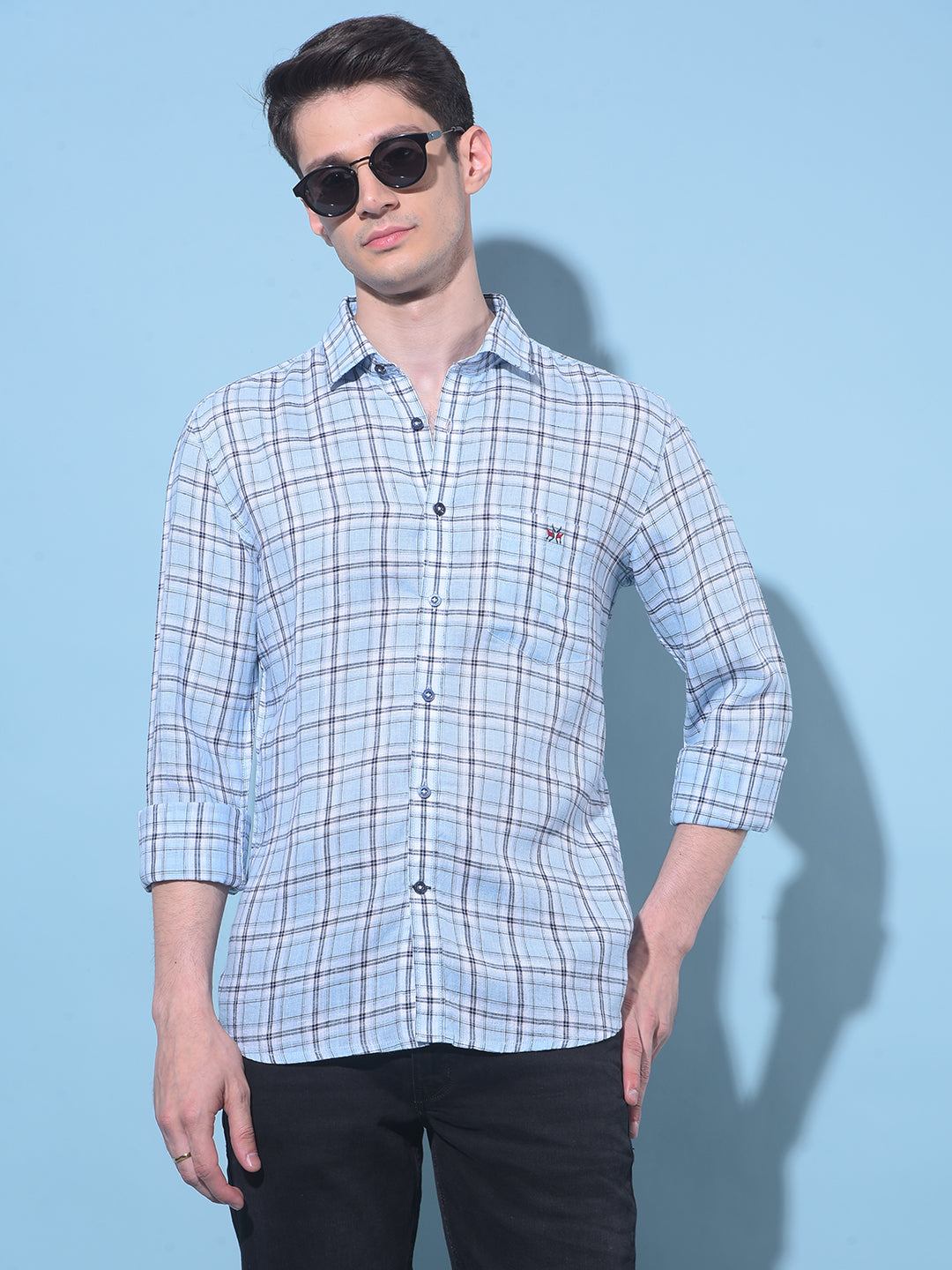 Blue Tartan Check Linen Shirt-Men Shirts-Crimsoune Club