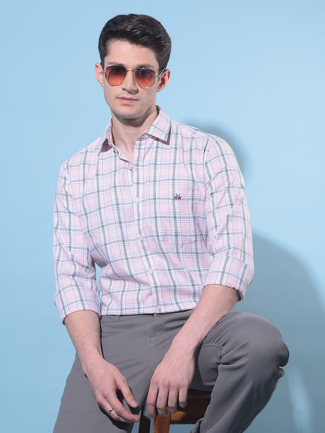 Peach Tartan Check 100% Cotton Shirt-Men Shirts-Crimsoune Club