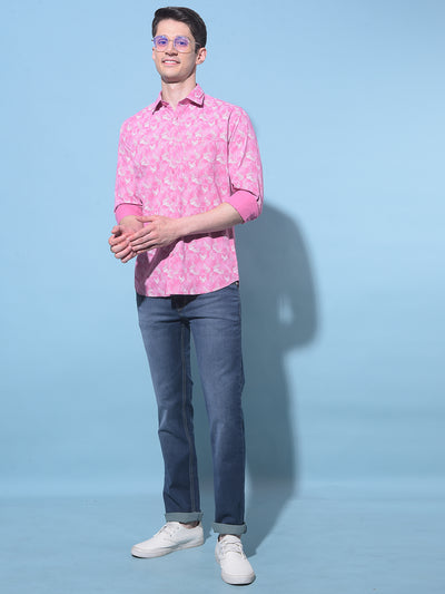 Pink Floral Printed 100% Cotton Shirt-Men Shirts-Crimsoune Club