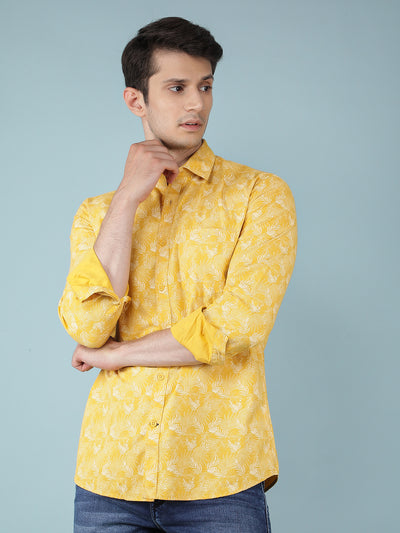 Yellow Floral Printed 100% Cotton Shirt-Men Shirts-Crimsoune Club