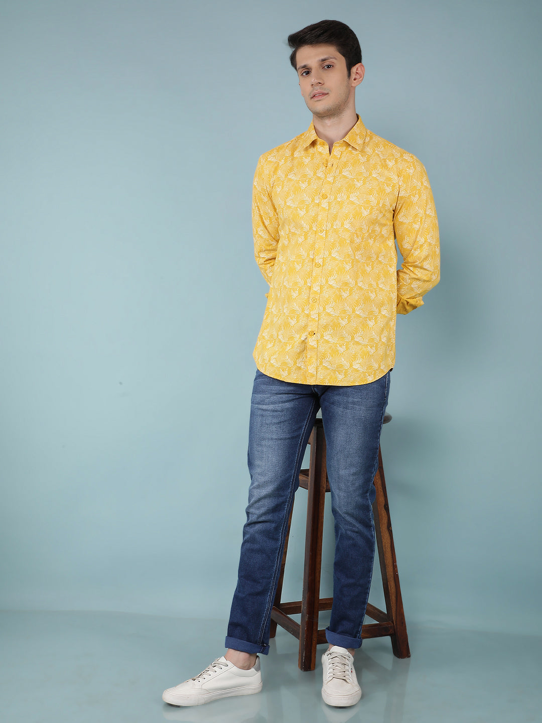 Yellow Floral Printed 100% Cotton Shirt-Men Shirts-Crimsoune Club
