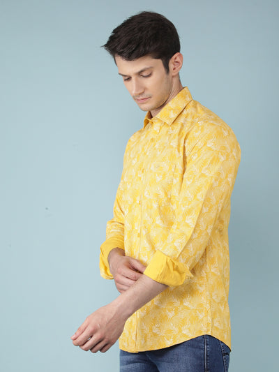 Yellow Floral Printed 100% Cotton Shirt-Men Shirts-Crimsoune Club