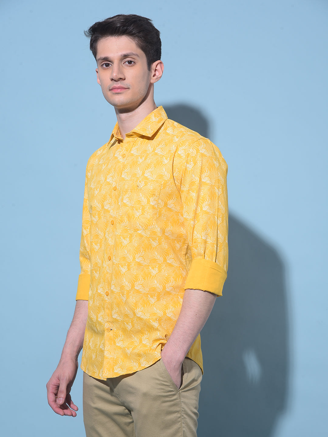 Yellow Floral Printed 100% Cotton Shirt-Men Shirts-Crimsoune Club