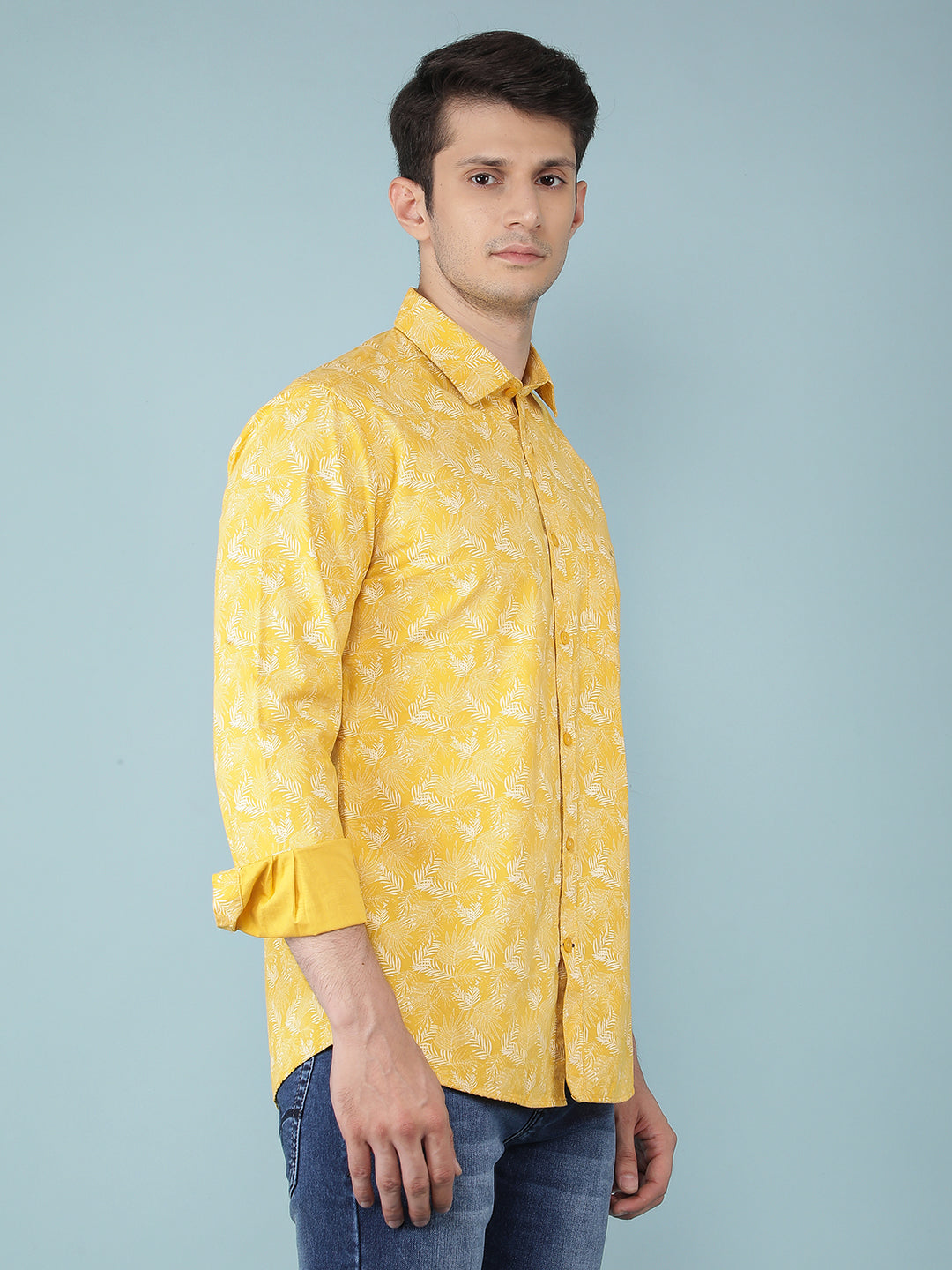 Yellow Floral Printed 100% Cotton Shirt-Men Shirts-Crimsoune Club