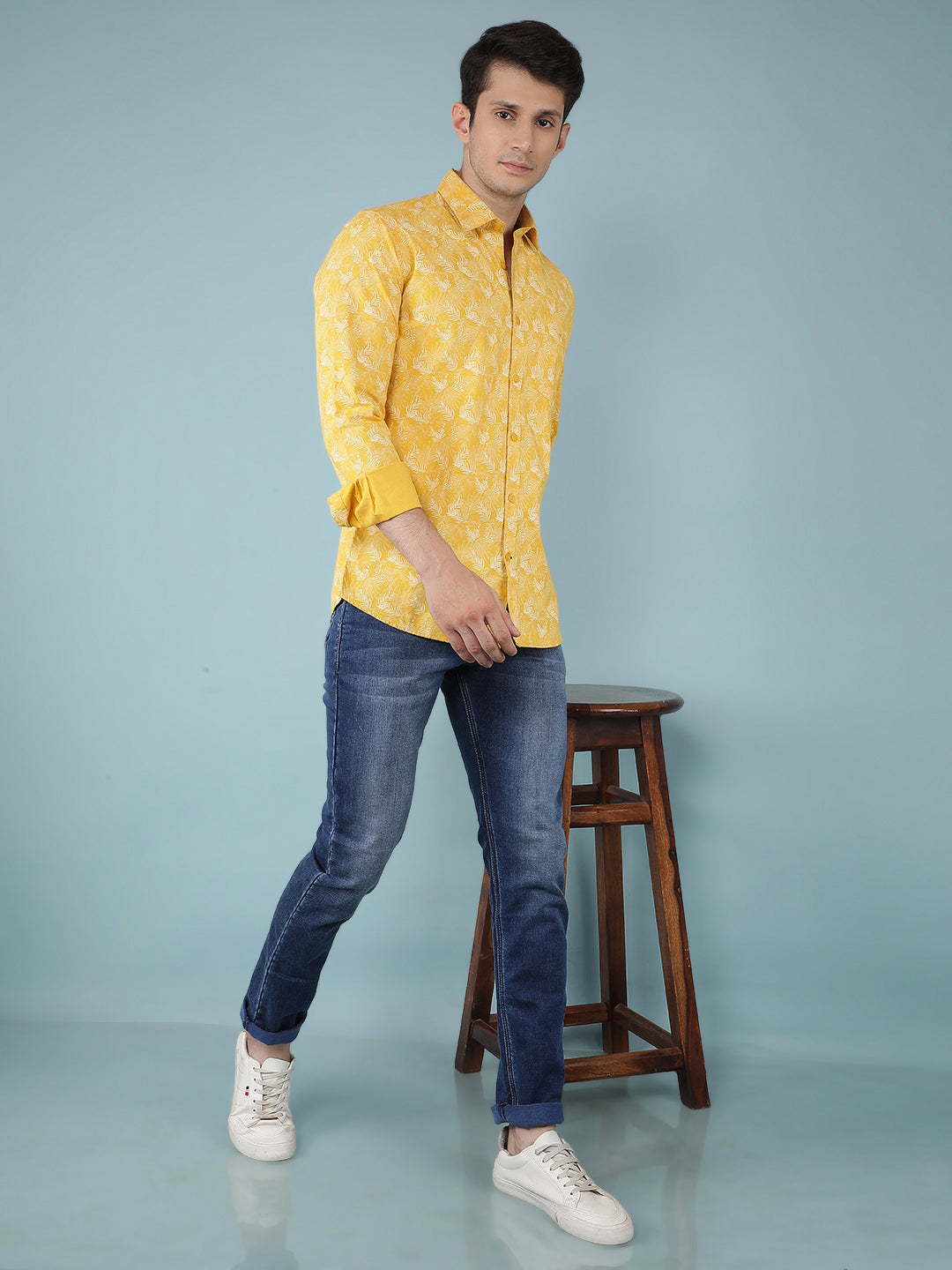 Yellow Floral Printed 100% Cotton Shirt-Men Shirts-Crimsoune Club