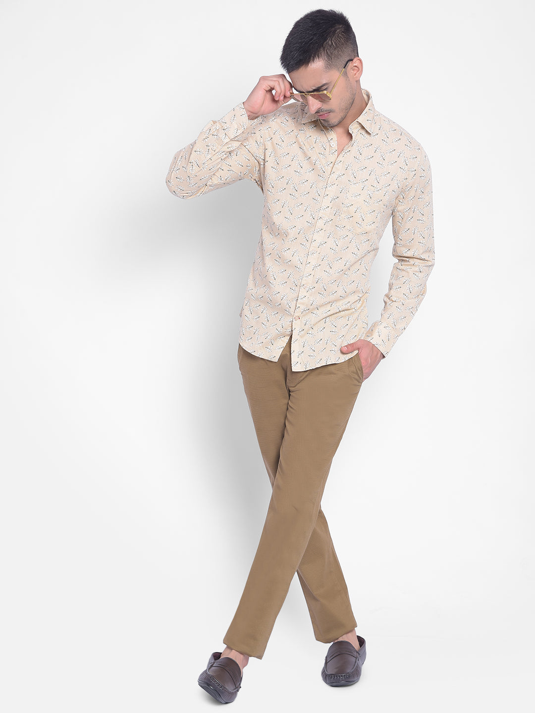 Beige Printed Shirt-Men Jeans-Crimsoune Club