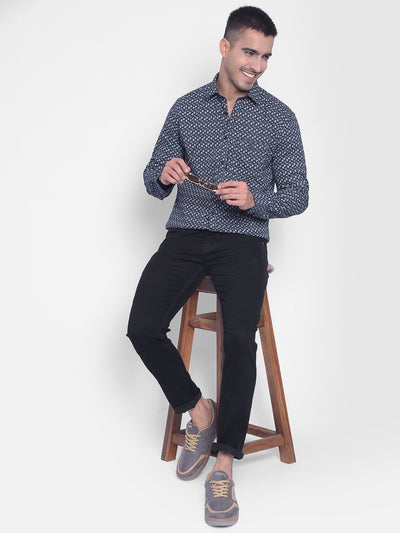 Navy Blue Printed Shirt-Men Jeans-Crimsoune Club