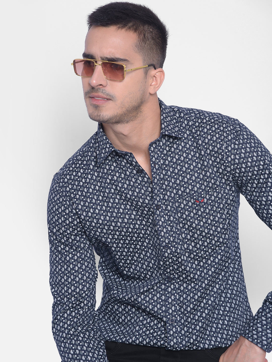 Navy Blue Printed Shirt-Men Jeans-Crimsoune Club