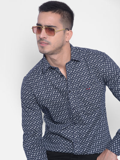Navy Blue Printed Shirt-Men Jeans-Crimsoune Club