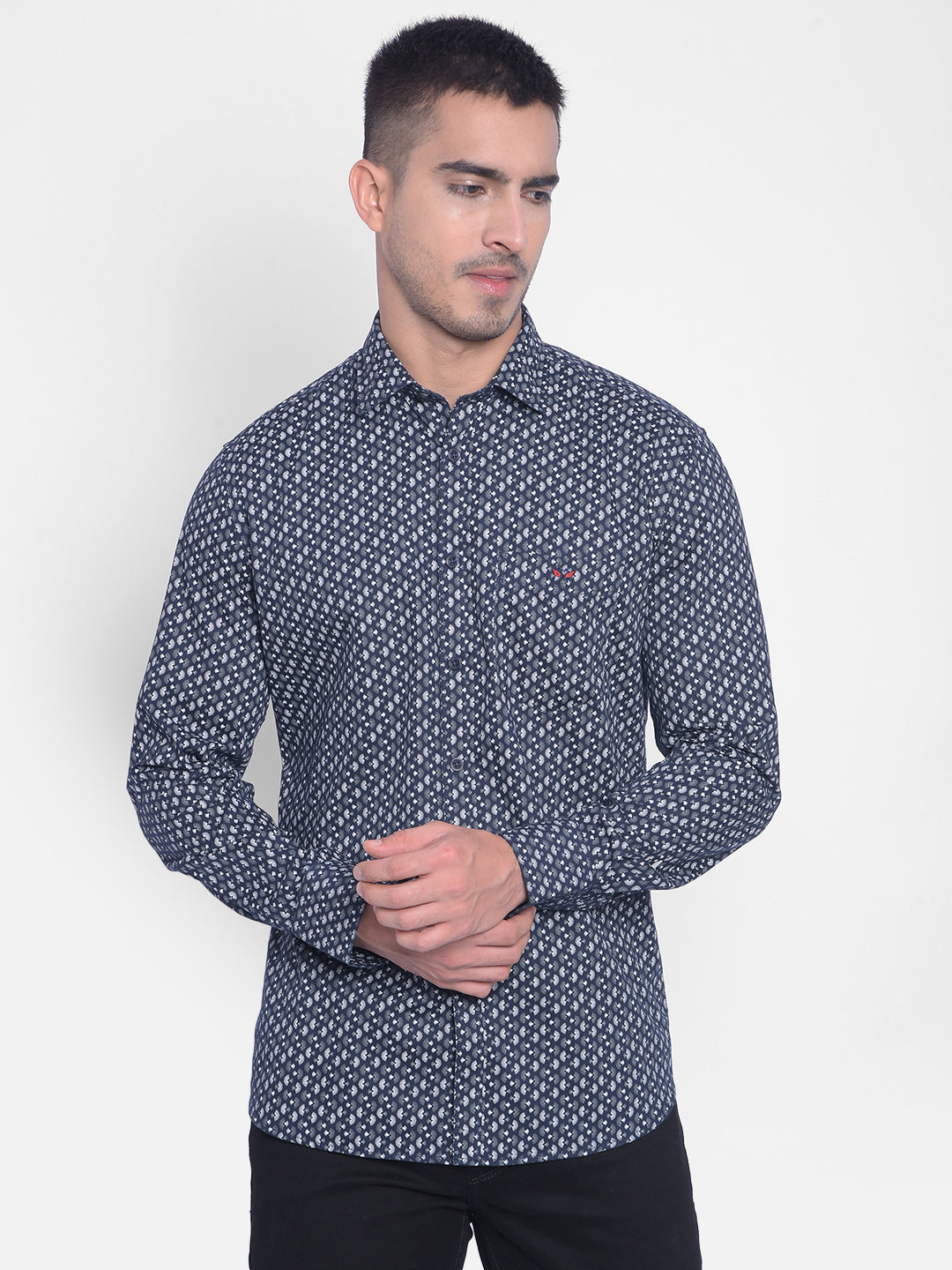 Navy Blue Printed Shirt-Men Jeans-Crimsoune Club