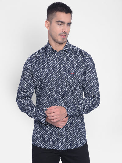 Navy Blue Printed Shirt-Men Jeans-Crimsoune Club