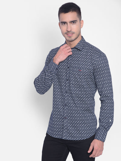 Navy Blue Printed Shirt-Men Jeans-Crimsoune Club