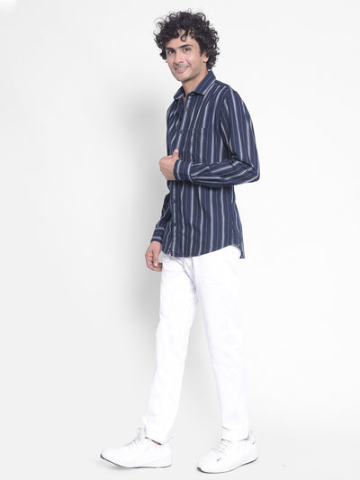 Navy Blue Striped Shirt-Men Shirts-Crimsoune Club