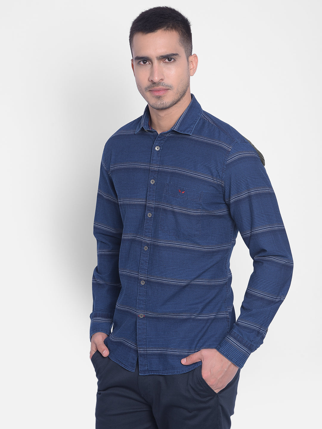 Navy Blue Striped Shirt-Men Jeans-Crimsoune Club