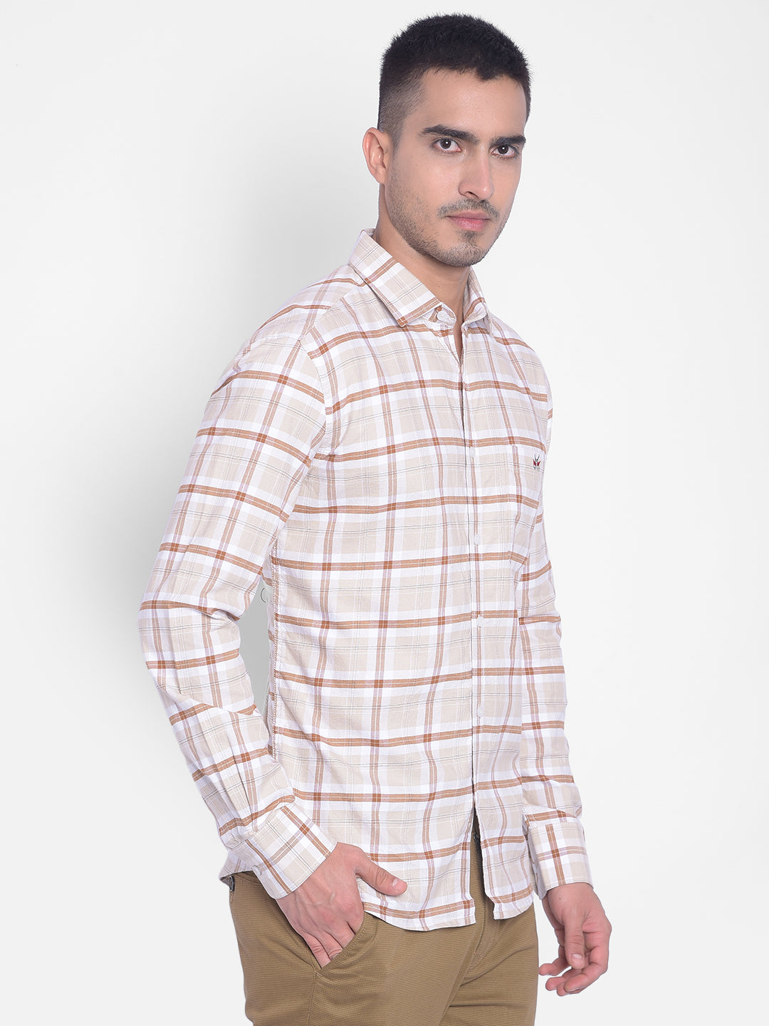 Beige Checked Shirt-Men Jeans-Crimsoune Club