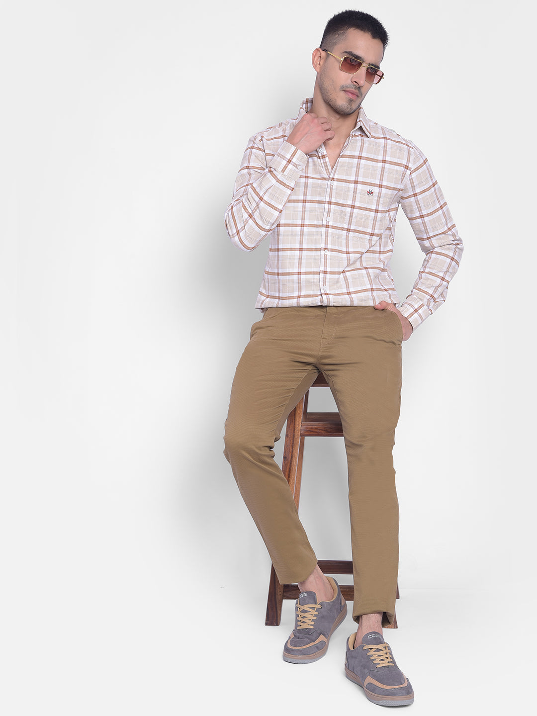 Beige Checked Shirt-Men Jeans-Crimsoune Club