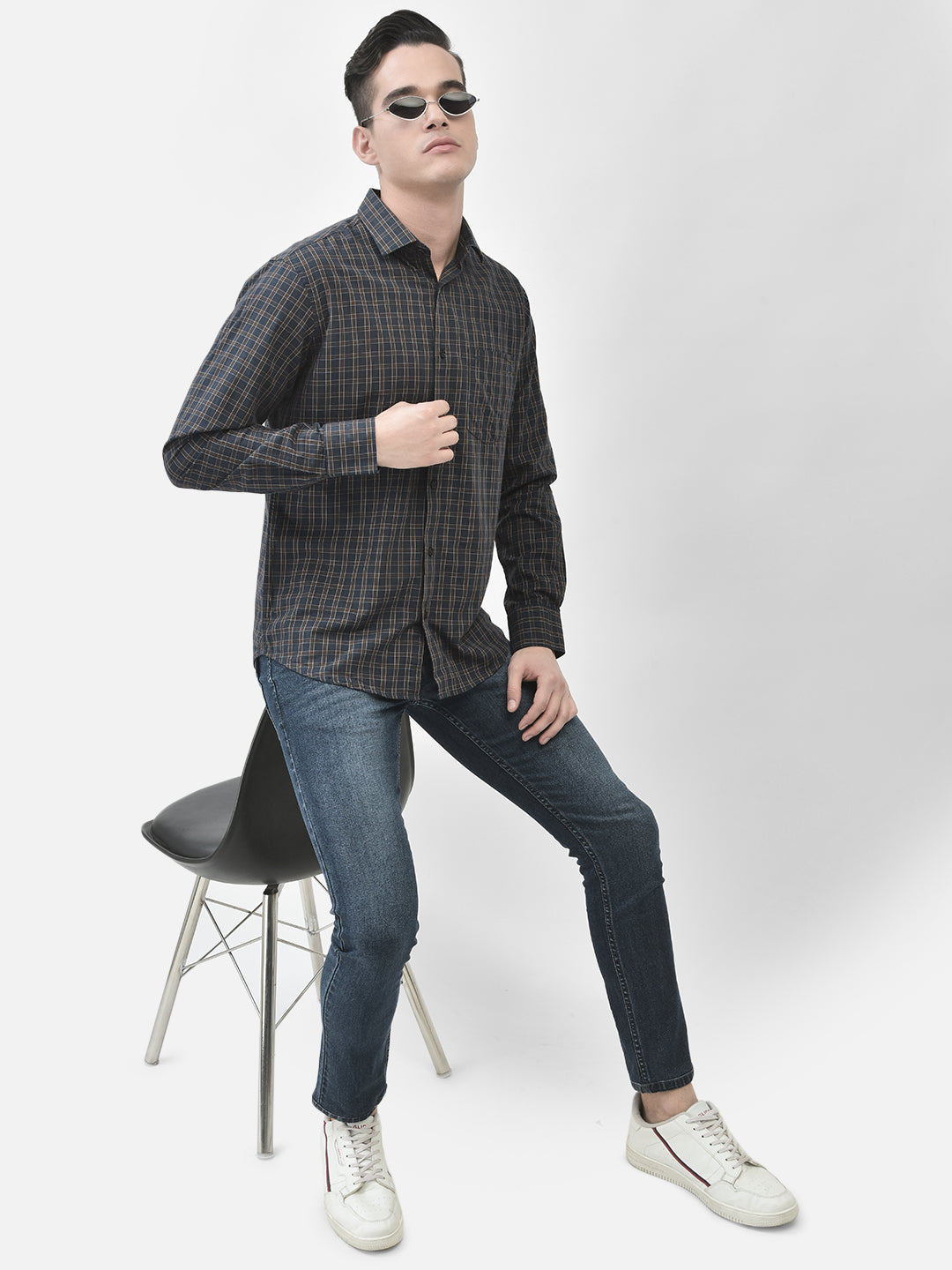 Navy Blue Checked Shirt-Men Shirts-Crimsoune Club