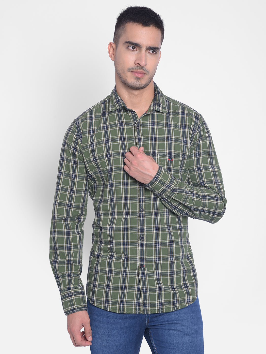 Olive Checked Shirt-Men Jeans-Crimsoune Club