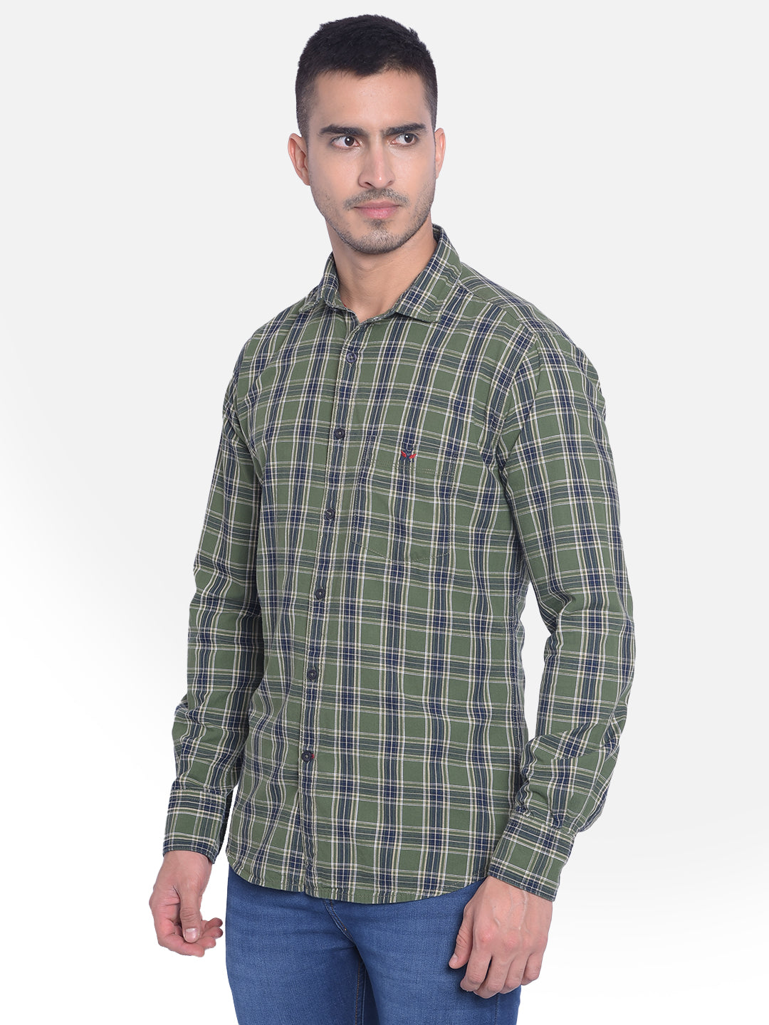 Olive Checked Shirt-Men Jeans-Crimsoune Club