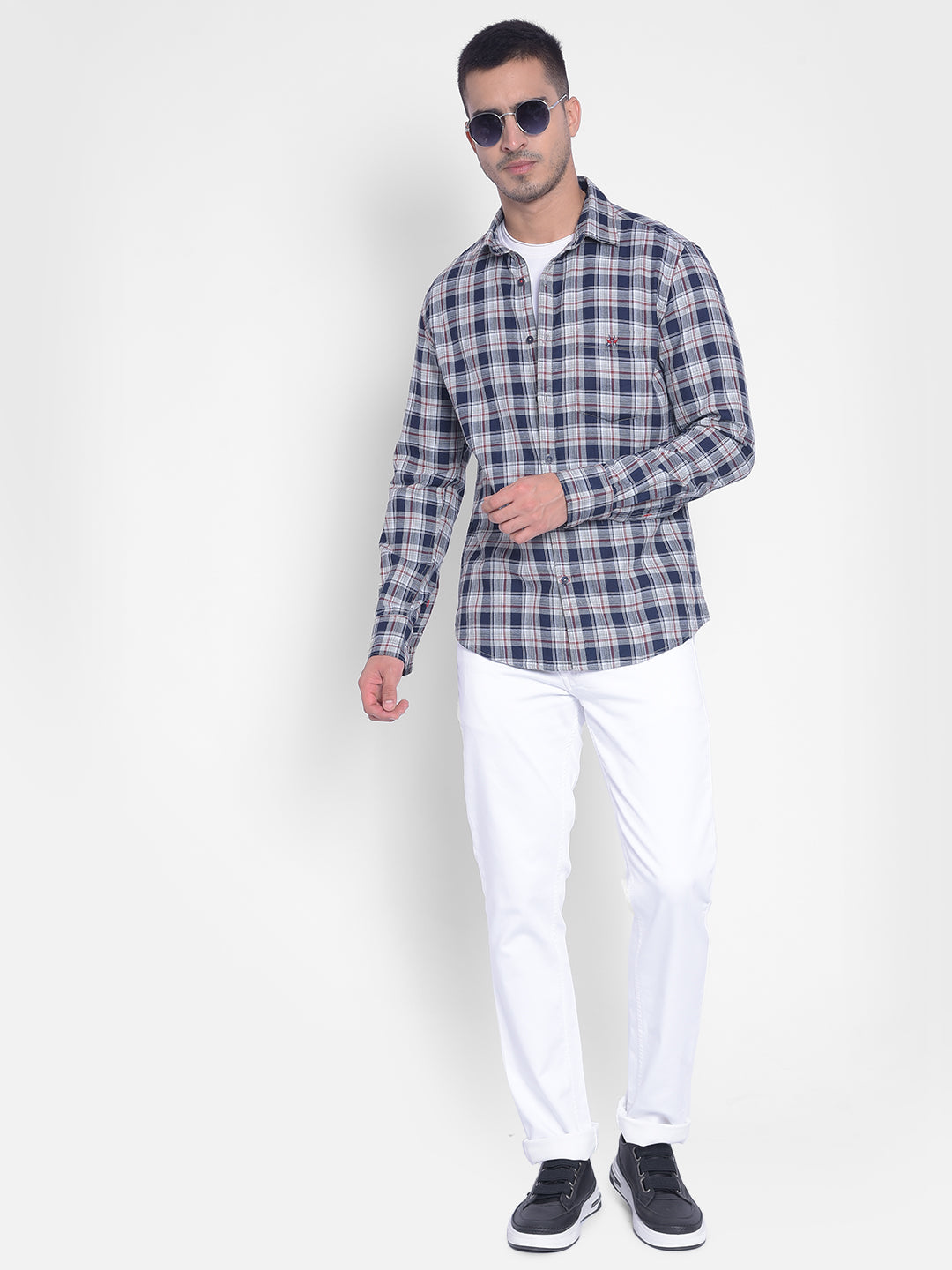 Blue Checked Shirt-Men Jeans-Crimsoune Club