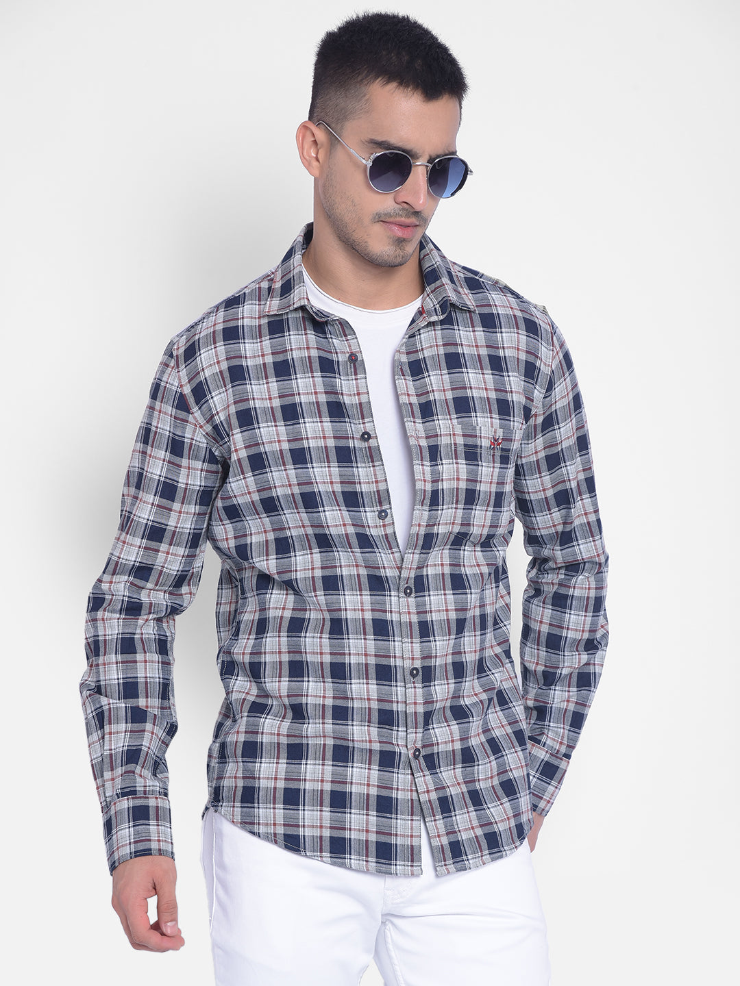 Blue Checked Shirt-Men Jeans-Crimsoune Club