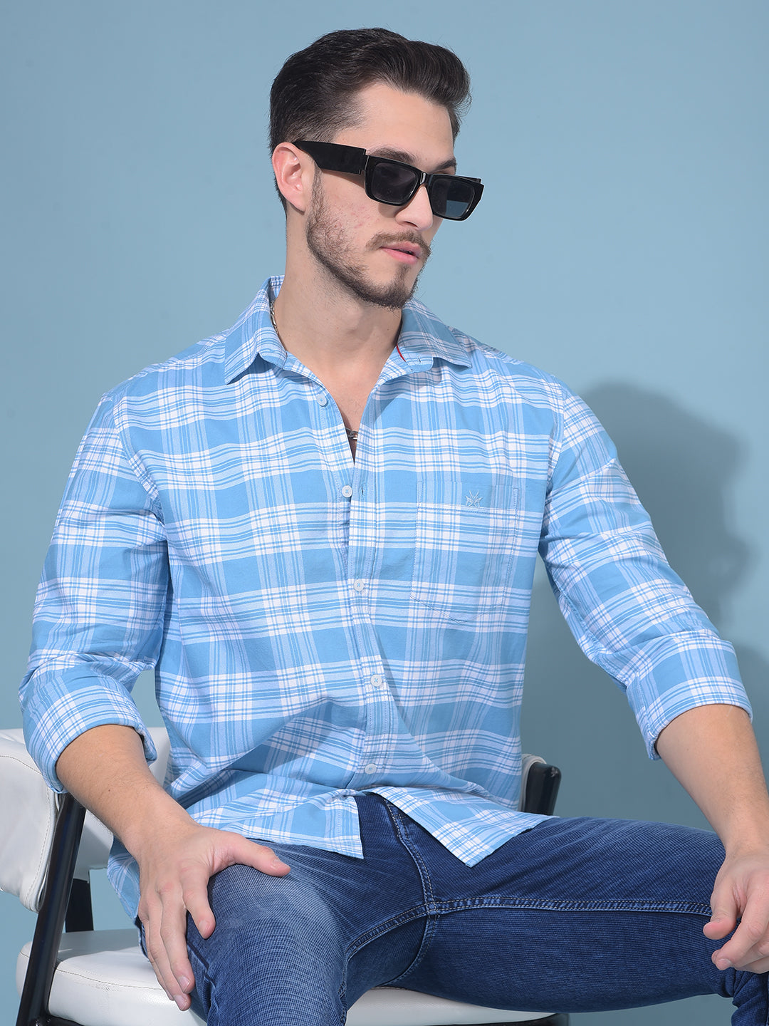 Blue Tartan Check 100% Cotton Shirt-Men Shirts-Crimsoune Club