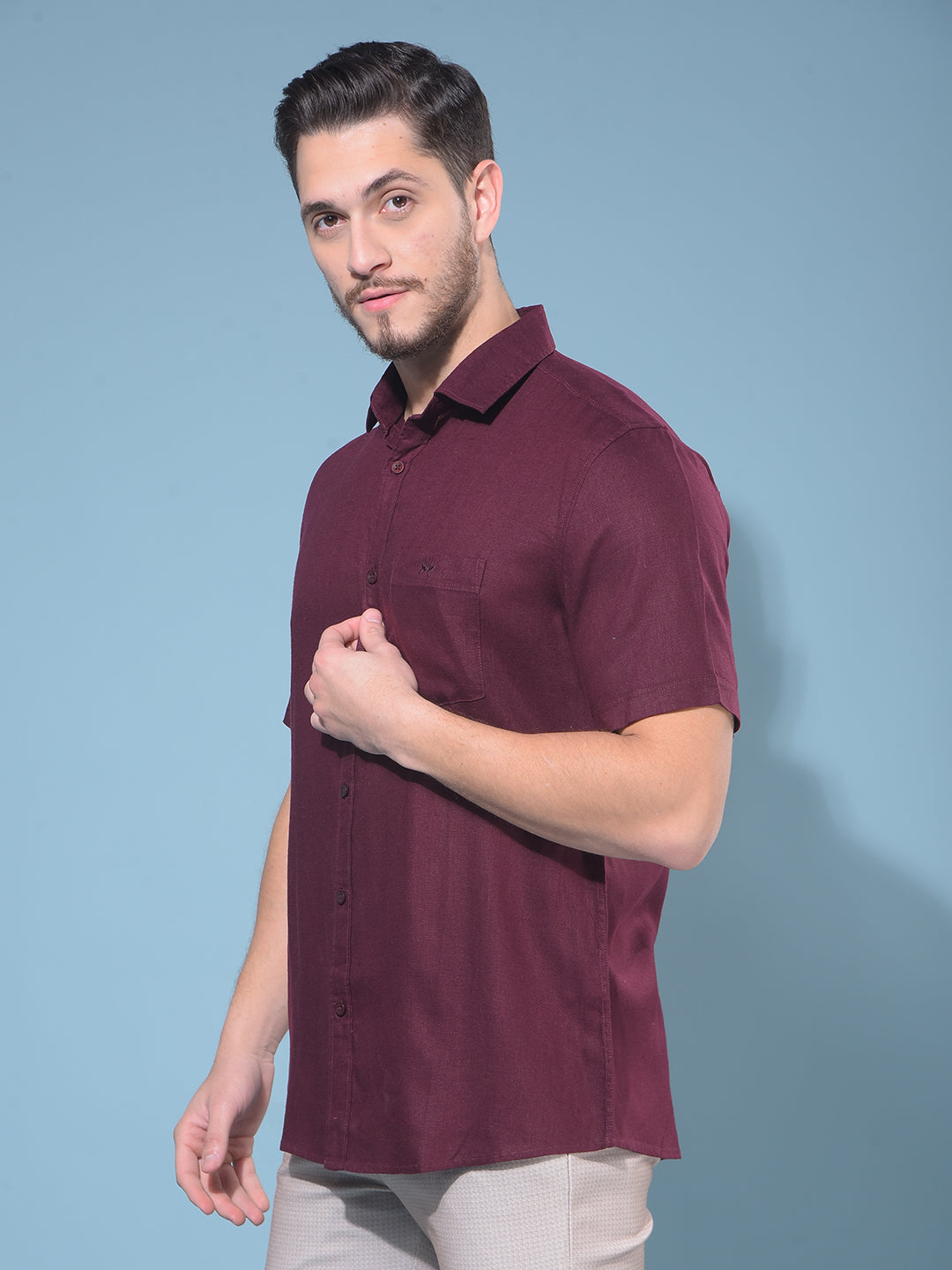 Wine 80% Lyocell 20% Linen Shirt-Men Shirts-Crimsoune Club