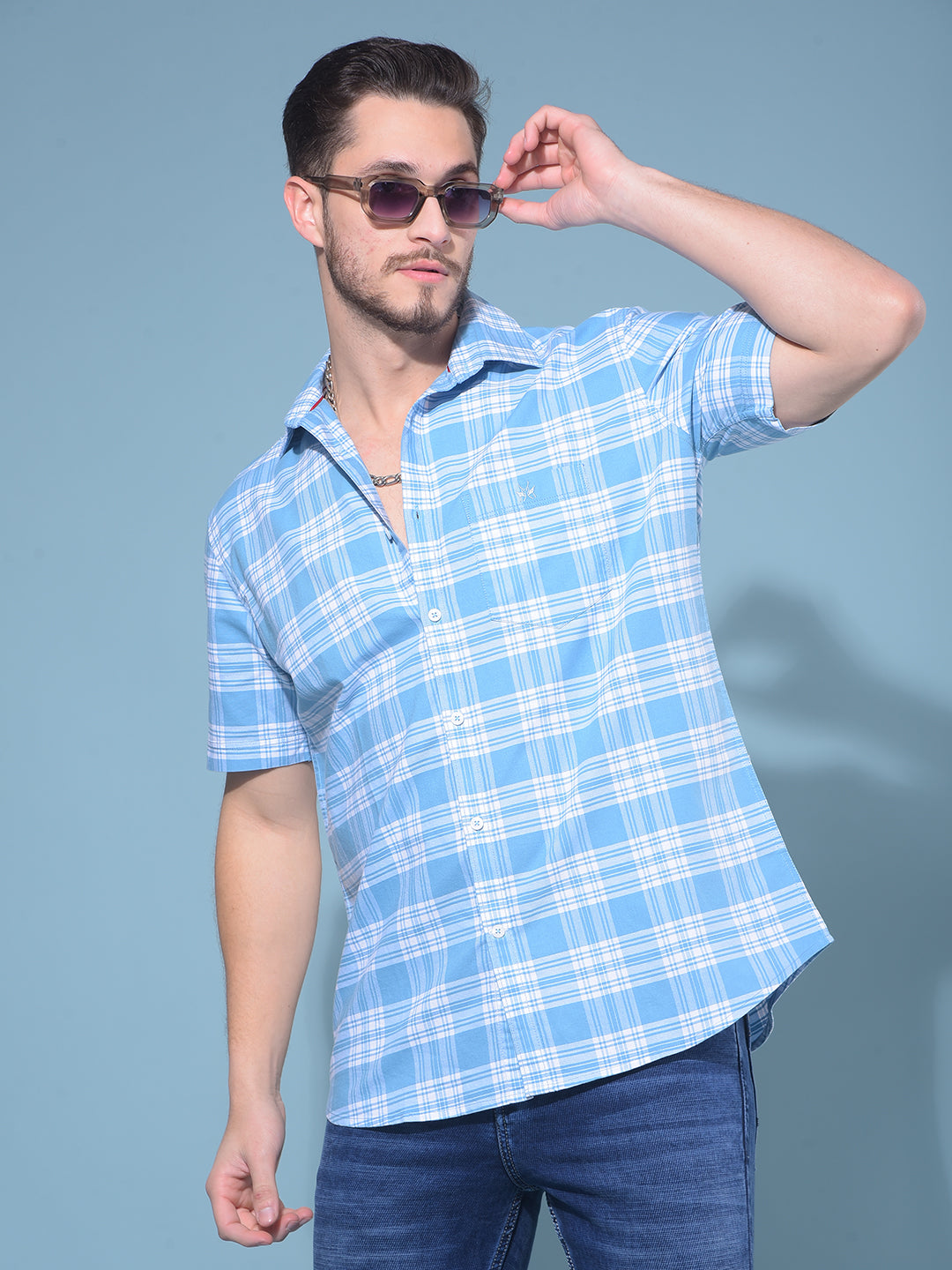 Blue Tartan Check 100% Cotton Shirt-Men Shirts-Crimsoune Club