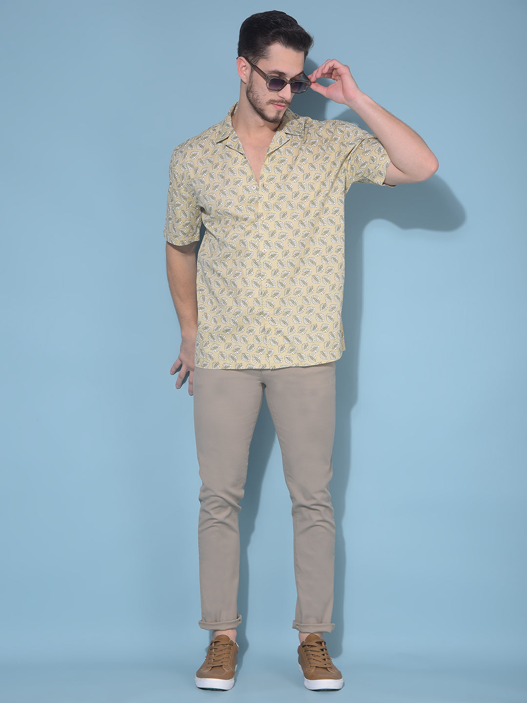 Beige Floral Print 100% Cotton Resort Shirt-Men Shirts-Crimsoune Club