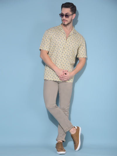 Beige Floral Print 100% Cotton Resort Shirt-Men Shirts-Crimsoune Club