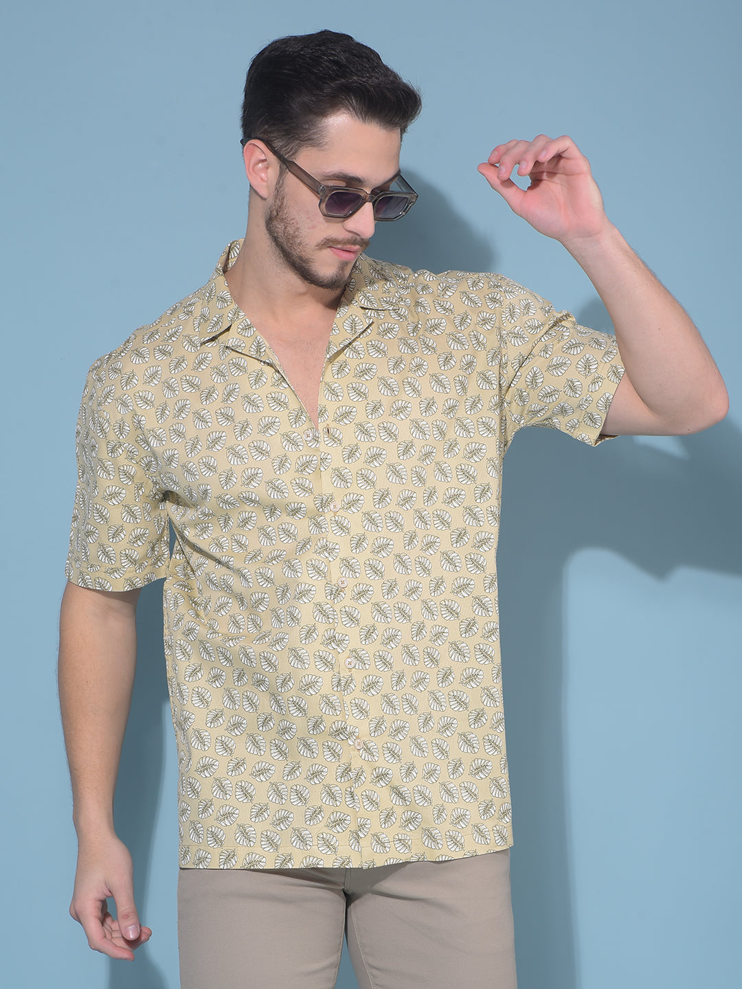 Beige Floral Print 100% Cotton Resort Shirt-Men Shirts-Crimsoune Club