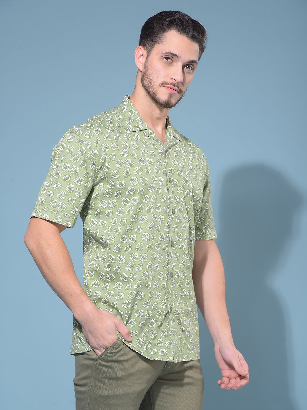 Green Floral Print 100% Cotton Resort Shirt-Men Shirts-Crimsoune Club