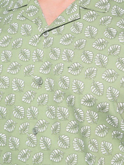 Green Floral Print 100% Cotton Resort Shirt-Men Shirts-Crimsoune Club