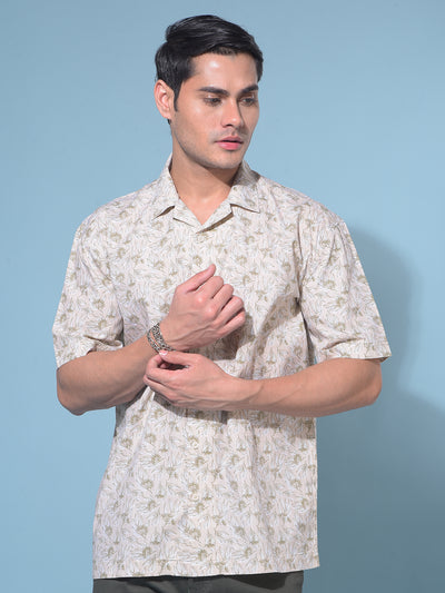 Beige Floral Print 100% Cotton Resort Shirt-Men Shirts-Crimsoune Club