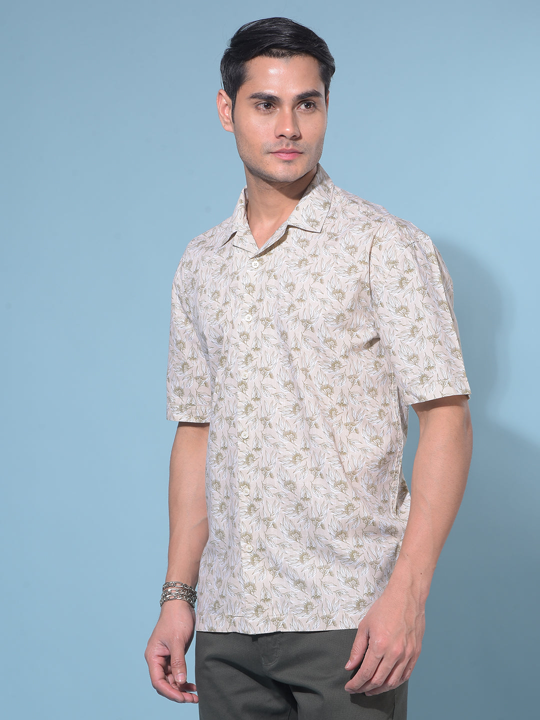 Beige Floral Print 100% Cotton Resort Shirt-Men Shirts-Crimsoune Club