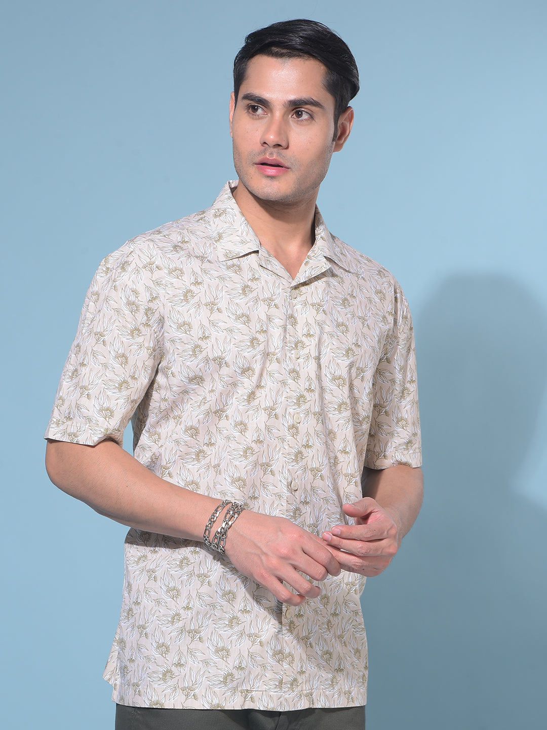 Beige Floral Print 100% Cotton Resort Shirt-Men Shirts-Crimsoune Club