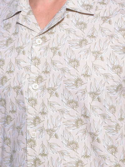 Beige Floral Print 100% Cotton Resort Shirt-Men Shirts-Crimsoune Club