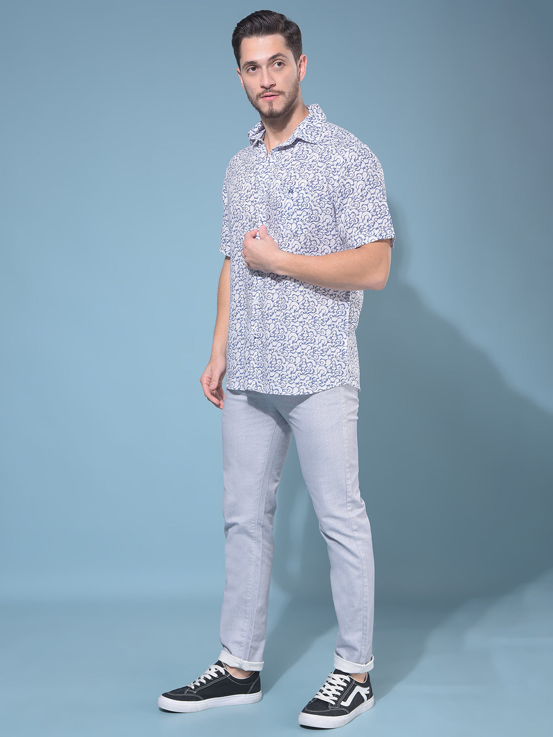 Blue Abstract Print Linen Resort Shirt-Men Shirts-Crimsoune Club