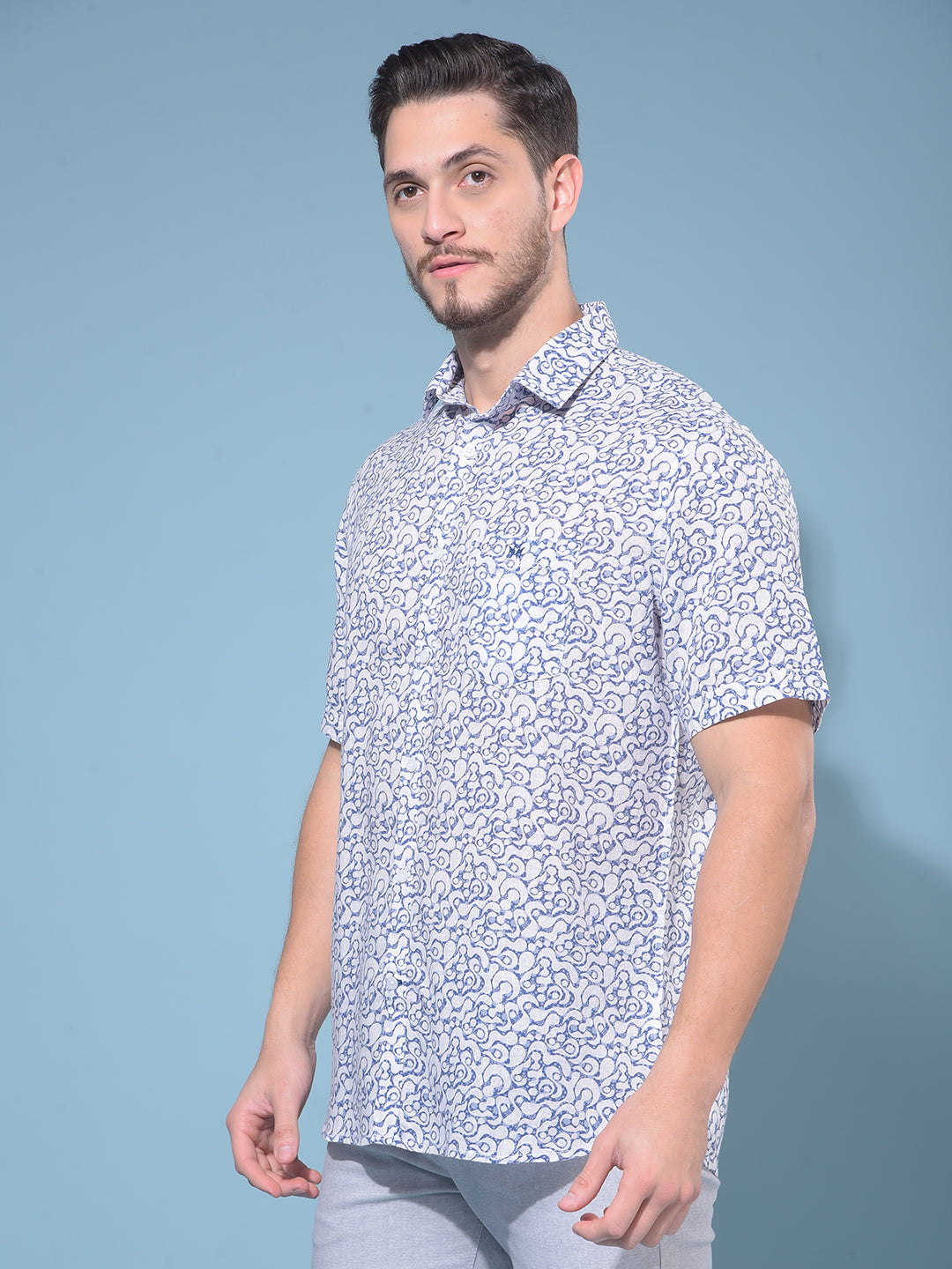 Blue Abstract Print Linen Resort Shirt-Men Shirts-Crimsoune Club